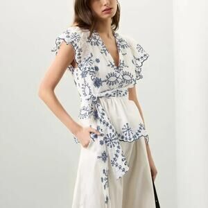 Prabal Gurung Embroidered Top Eyelet Cap Sleeve Wrap Peplum Blouse Blue White 16